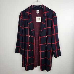 Anne Klein Black & Red Windowpane Open Front Sweater NWT